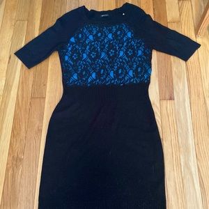 Black with blue and black lace dress. Size small. Dress is more form fitting.